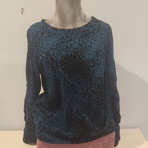 Black And Dark Turquoise Womans Top With Uniwue Gathered Sleeves At Elbow.